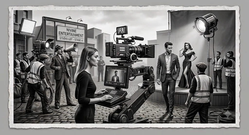 Behind the scenes of a film or TV production outdoors with camera crew, actors, and lighting equipment.
