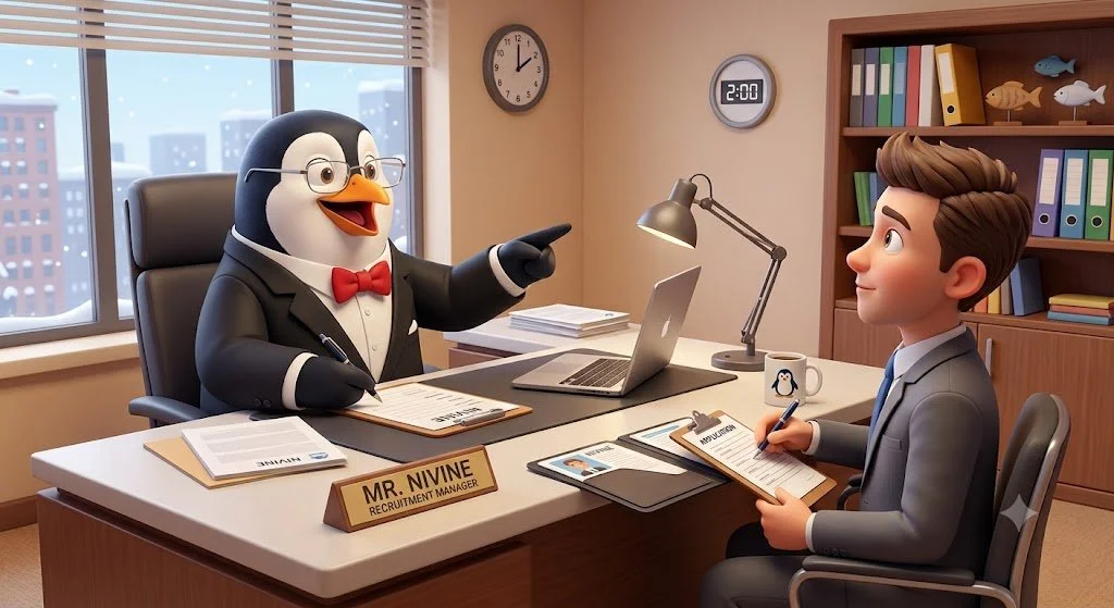 Animated penguin in a tuxedo with a red bow tie sitting at an office desk, talking to a young man in a suit during a job interview. The penguin is pointing and smiling, while the young man is listening and taking notes. The office has a window showing a cityscape, a clock, and shelves with folders and fish decorations.