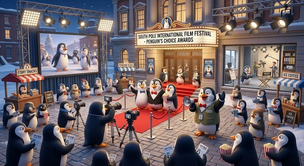 Animated scene of penguins at the South Pole International Film Festival, with penguins on a red carpet, media cameras, and booths selling fishy snacks and ice coffee, in front of a building with a marquee and a large screen displaying penguins.