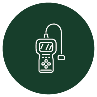 A handheld electronic device with a screen and buttons, connected to a probe or sensor by a flexible cable.