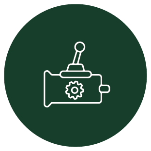 Icon of a machine lever with gear symbol, on a dark green circular background.