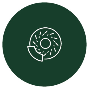 A stylized donut with a bite taken out of it, depicted on a dark green circular background.
