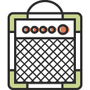 Small guitar amplifier with black grille and control knobs on top