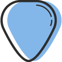 A blue guitar pick with a black outline.