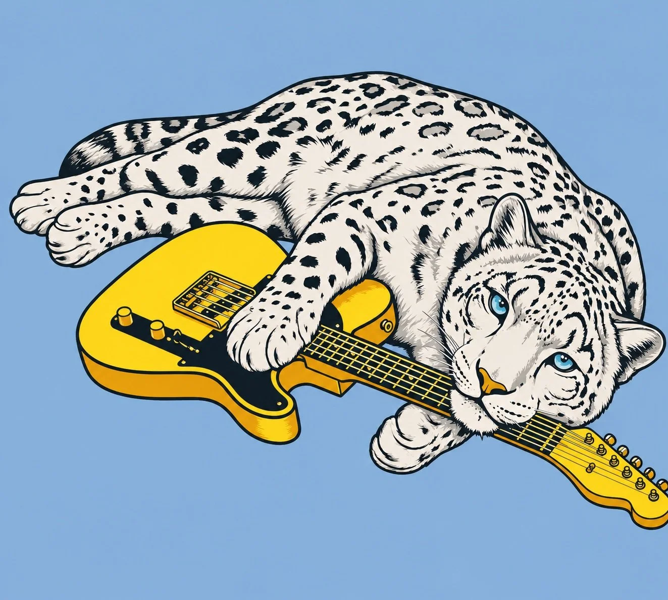 Illustration of a white leopard with black spots lying on a yellow electric guitar with a blue background.