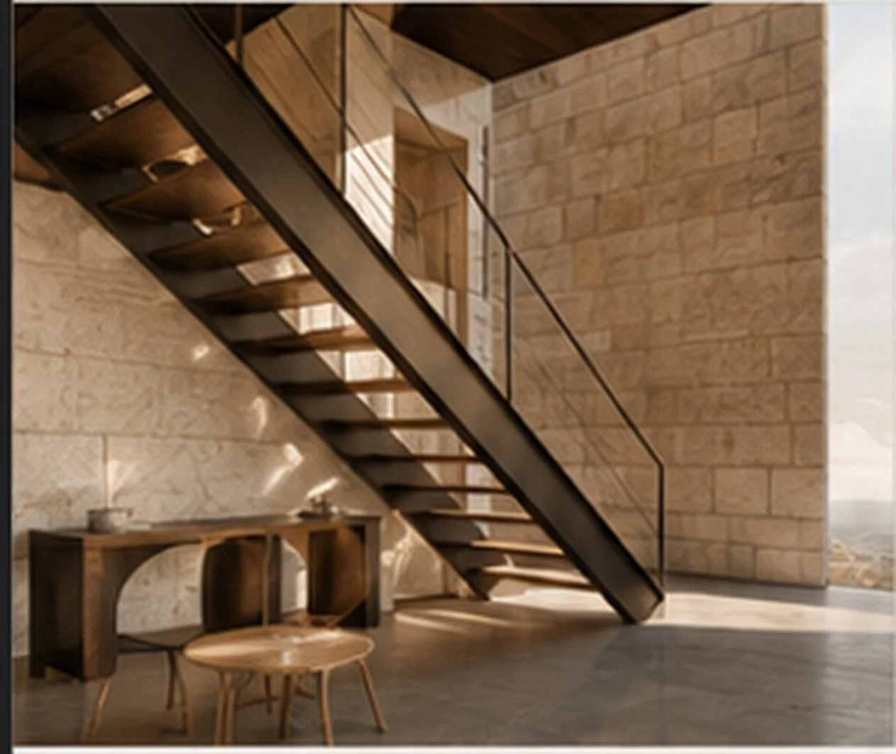 Living room with a modern staircase featuring wooden steps and black metal railings, a stone wall, and a wooden console table with decor items, sunlight casting shadows on the wall.