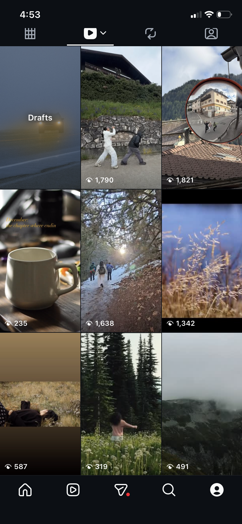 A collage of nine nature and travel-themed photos, including mountains, forests, a coffee mug, and people hiking.
