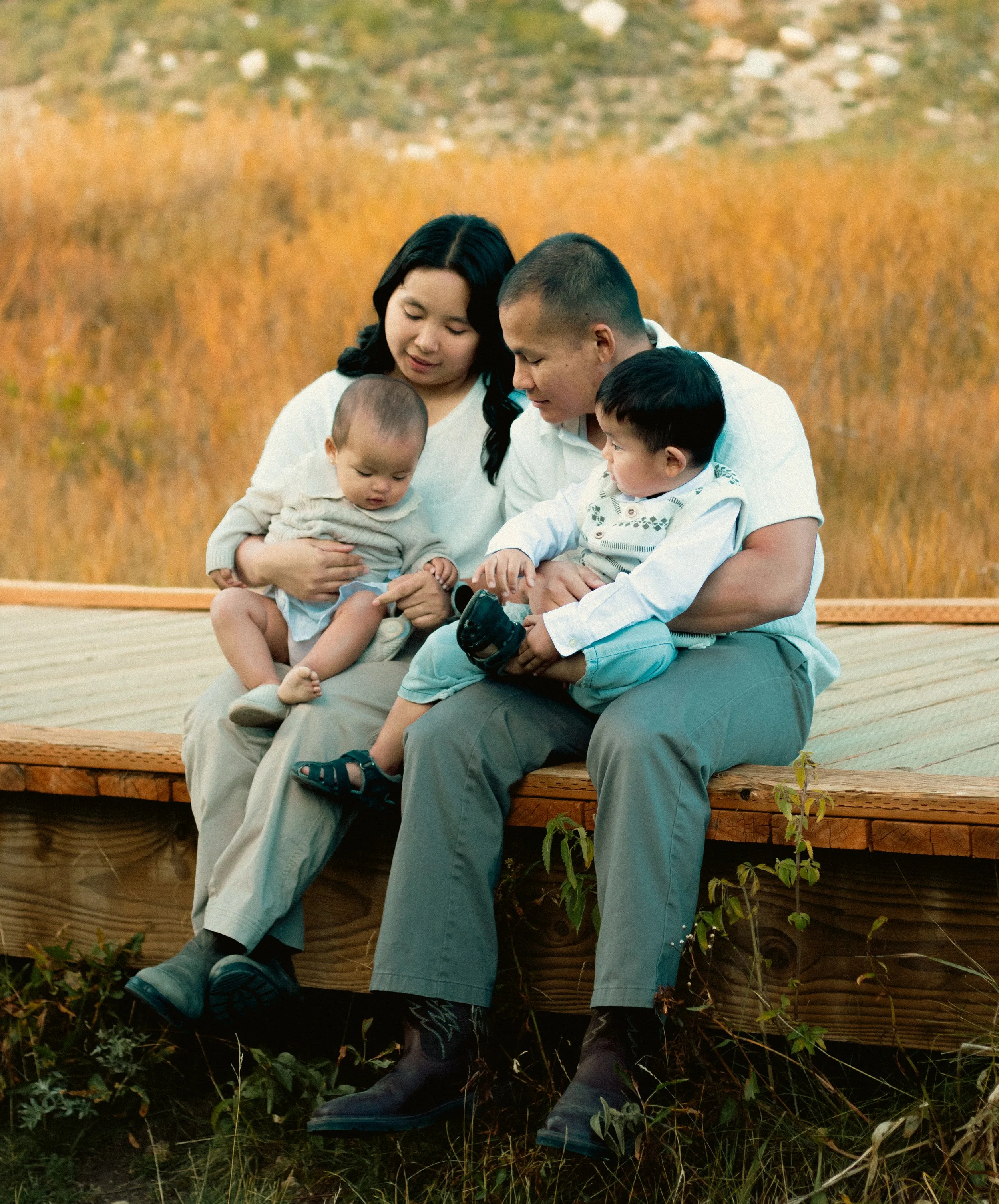 A multicultural family of four sitting on a wooden deck outdoors, looking at a smartphone together. The background features a grassy hillside and trees.