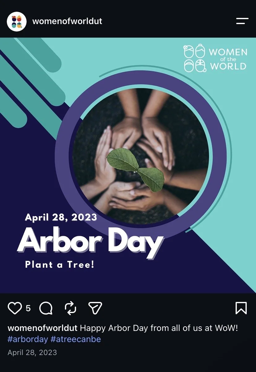 A promotional graphic for Arbor Day featuring several hands of diverse individuals surrounding a small tree seedling. The text indicates that Arbor Day is on April 28, 2023, and encourages planting a tree.