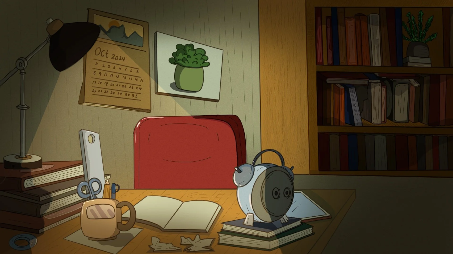 A cozy study room with a wooden desk, a red chair, a bookshelf filled with books, a desk lamp, an open notebook, a pair of scissors, a mug, a stack of books, a small robot, a teapot, a calendar showing October 2024, a framed picture of mountains, and a picture of a potted plant on the wall.