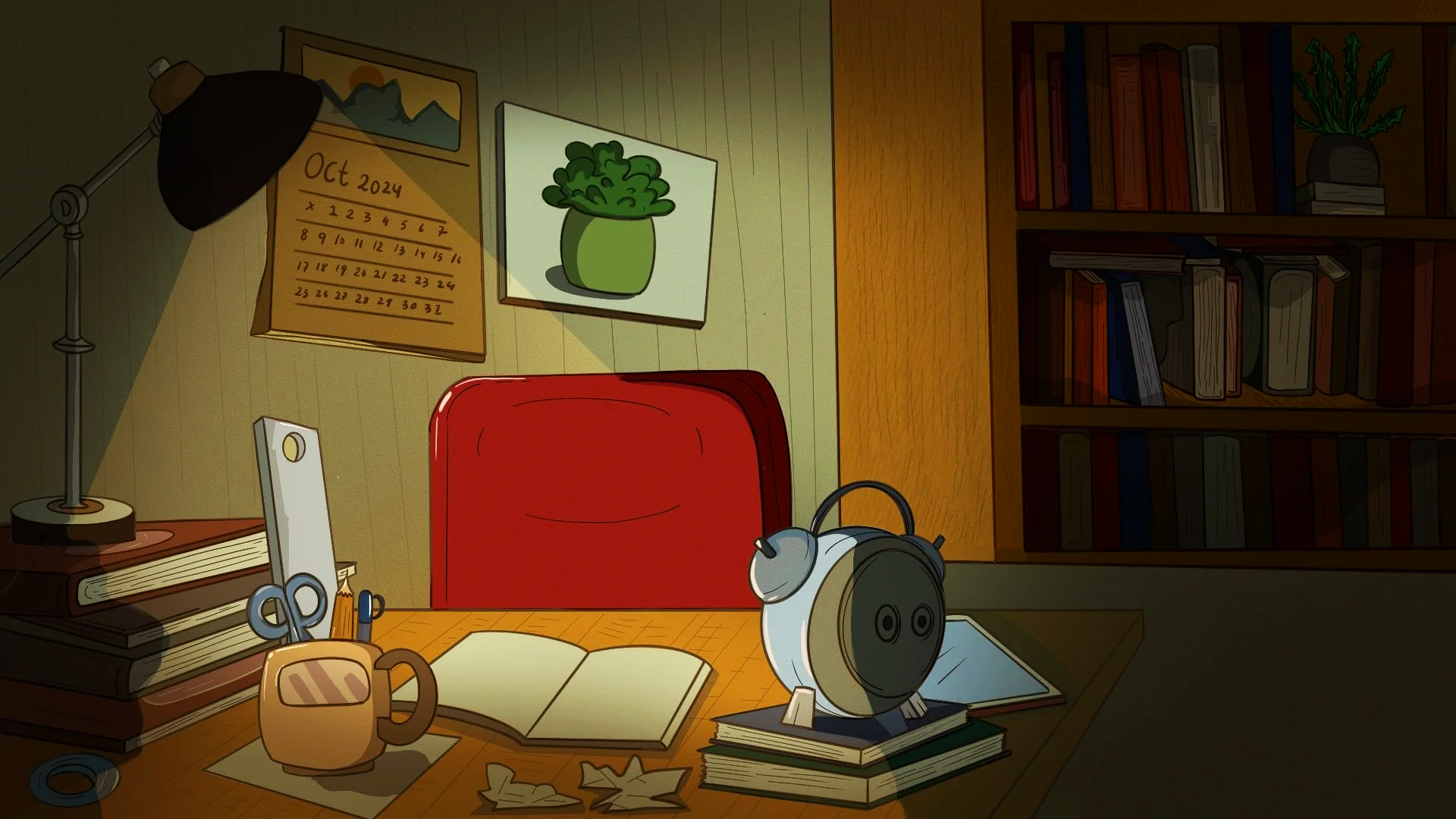 Animated illustration of a cluttered home office desk with a red chair, an open notebook, a coffee mug, scattered papers, a white alarm clock, a stack of books, and various stationery. There is a bookshelf filled with books and a potted plant. On the wall, there's a calendar marked October 2024, and a painting of a green plant.