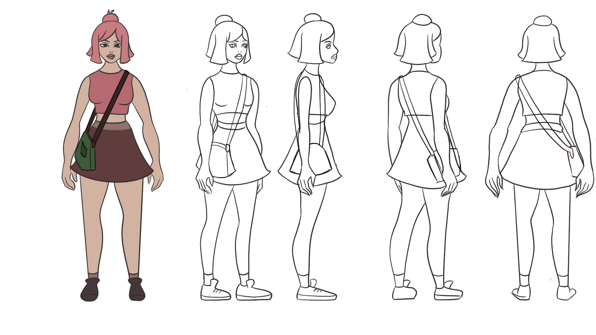 A digital illustration showing a female character in five different poses. The first pose is colored with short pink hair, a sleeveless pink crop top, a high-waisted dark brown skirt, and dark shoes with socks. The remaining four poses are black-and-white line sketches showing different angles of the character's side and back view, with the same hairstyle and outfit, carrying a small purse with a strap across her shoulder.