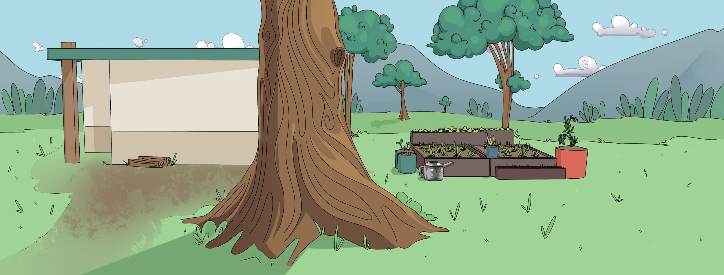 A garden scene with a large tree in the foreground, a raised garden bed with various plants, several pots with plants, a watering can, and a shed on the left, set against a backdrop of mountains, trees, and a blue sky with clouds.