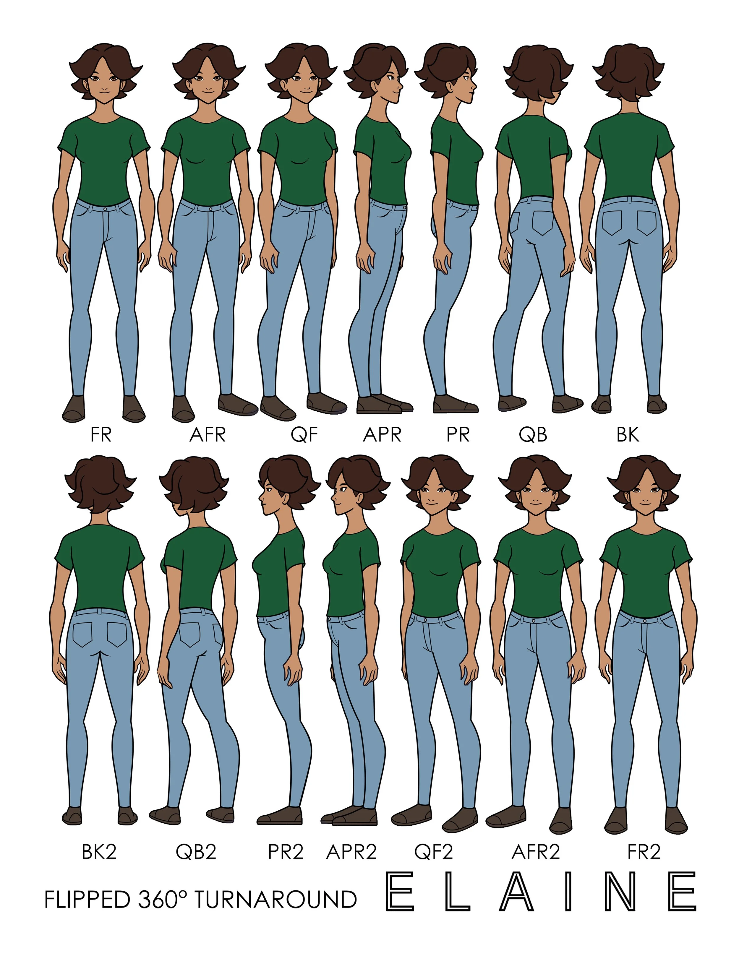 A character design sheet showing a woman with short brown hair in various views, wearing a green shirt and light blue jeans. The views include front, three-quarter, side, back, and flipped positions, with labels such as FR, AFR, QF, APR, PR, QB, BK, BK2, QB2, PR2, APR2, QF2, AFR2, and FR2. The text notes a "flipped 360° turnaround" for the character Elaine.