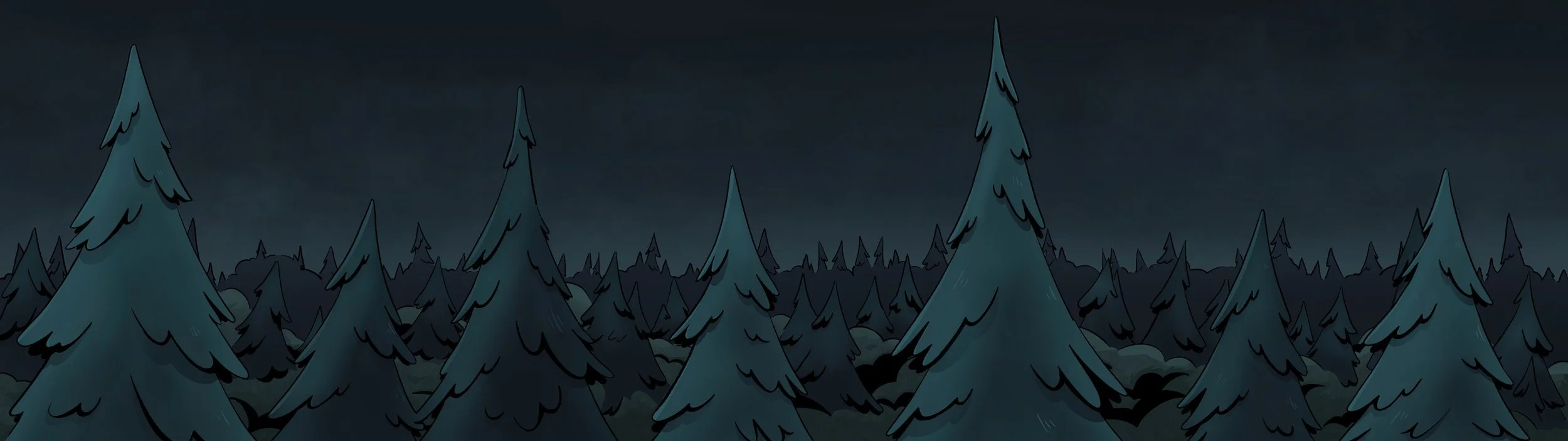 A dark, wooded forest scene at night with densely packed pine trees and a cloudy, dark sky.