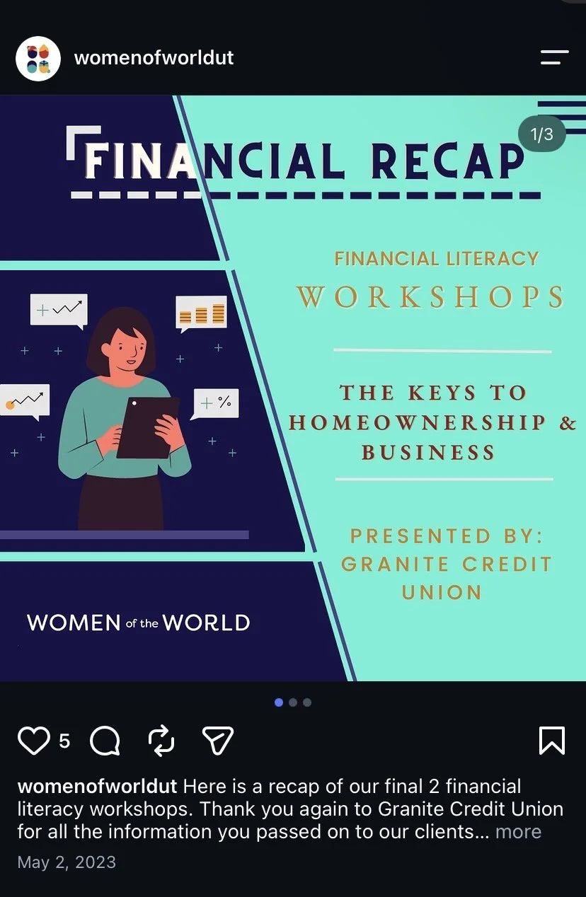 A promotional graphic for a financial literacy workshop recap, featuring a woman using a tablet, with financial charts and icons, and text about the workshop hosted by Granite Credit Union, focusing on homeownership and business keys.