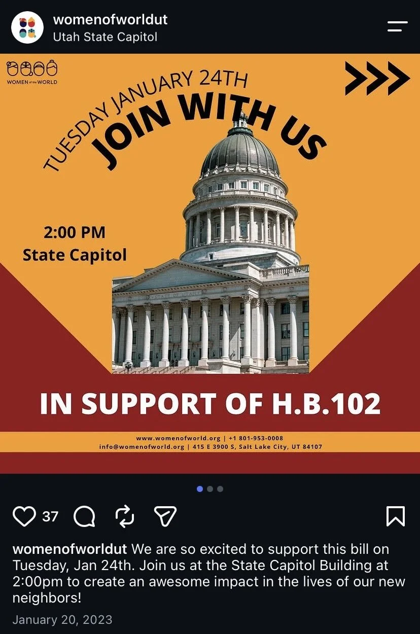 Flyer promoting a support event for H.B.102 at the Utah State Capitol on Tuesday, January 24th at 2:00 PM, featuring an image of the Utah State Capitol building with bright orange and maroon background and black text.
