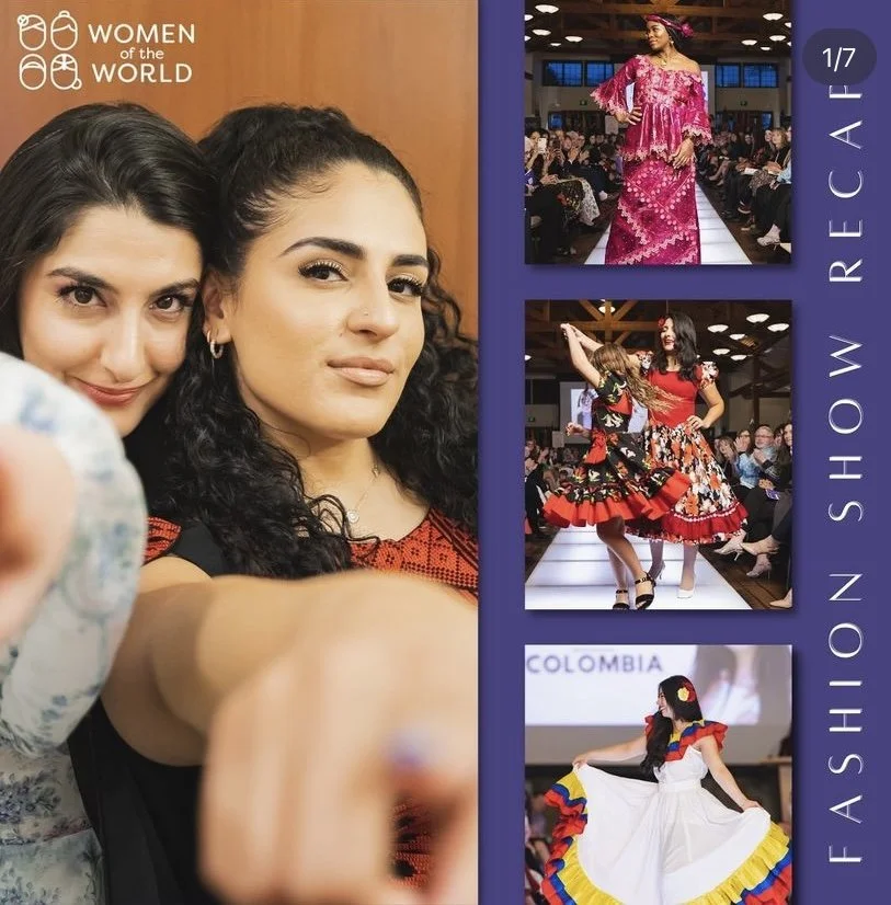 Two women taking a selfie at a fashion show event, with three runway photos featuring models in colorful, traditional dresses from Colombia.