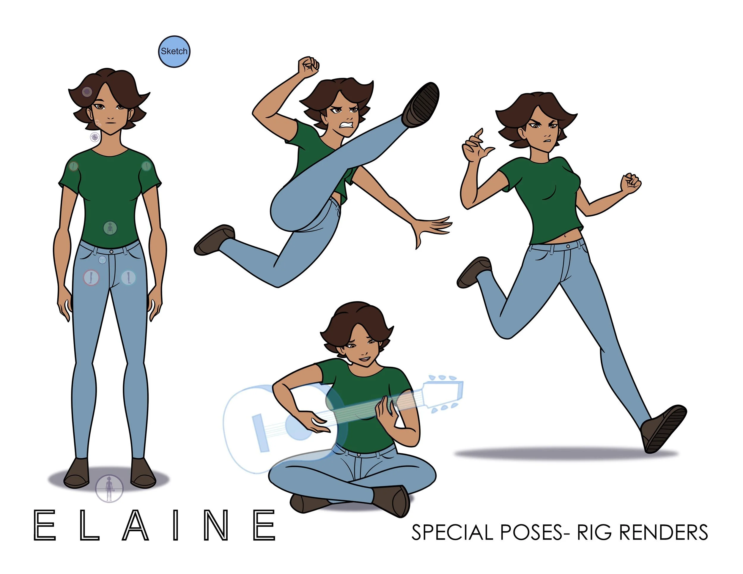Illustration of a female character in various dynamic poses, including standing, jumping, and sitting with a laptop, wearing a green shirt and blue jeans, with focus on different body positions for animation practice.