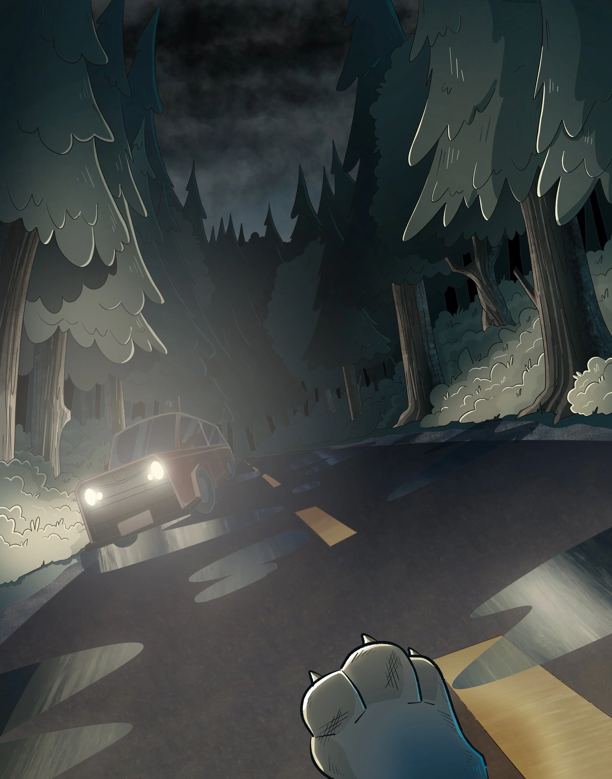 A dark, stormy forest scene with tall trees and an overcast sky. A car is parked on the side of the road with its headlights on, casting light on the wet asphalt, and a dog is seen sitting on the edge of the road, facing away from the viewer.