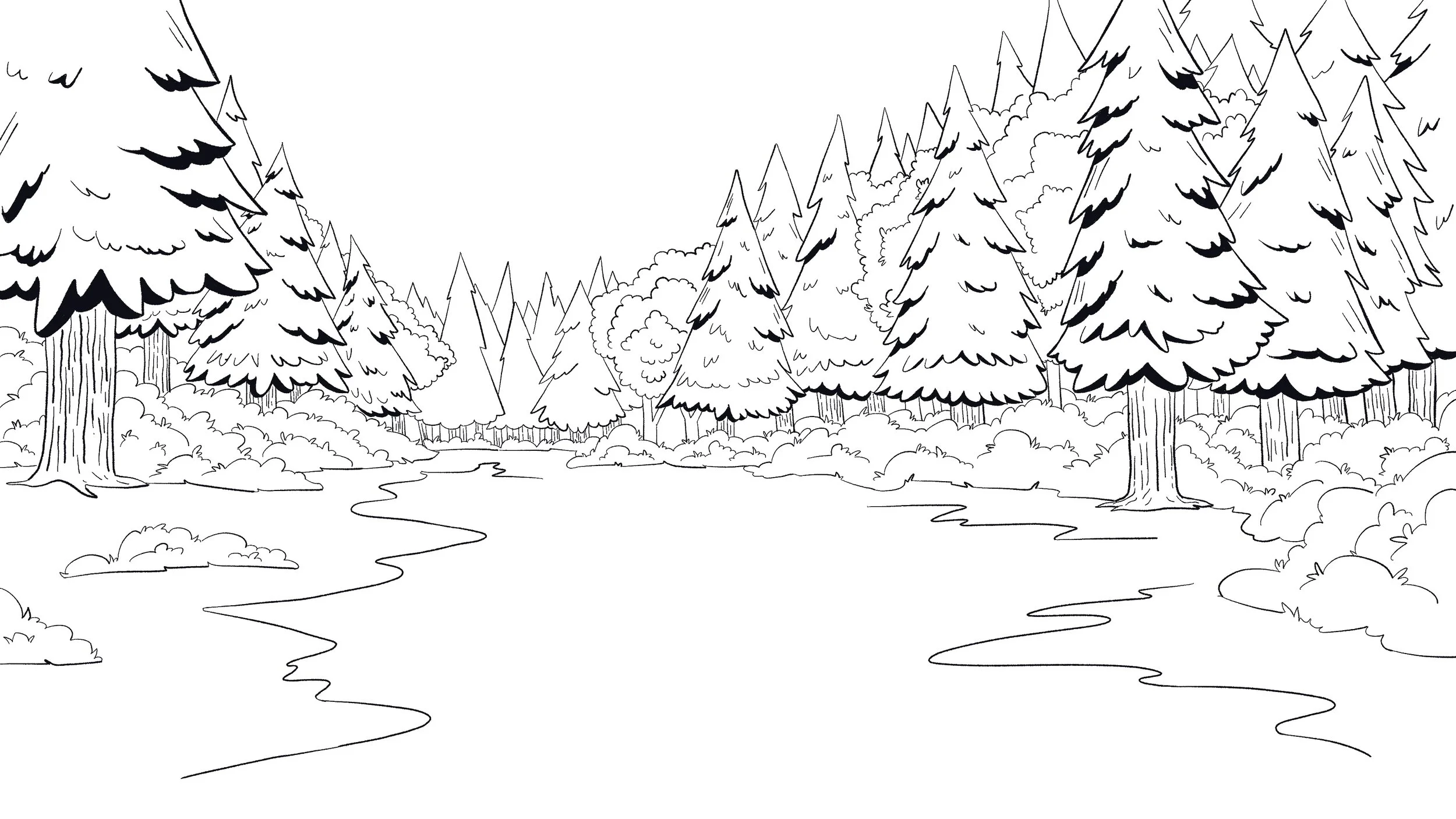 Black and white line drawing of a forest with tall pine trees on both sides of a winding river.