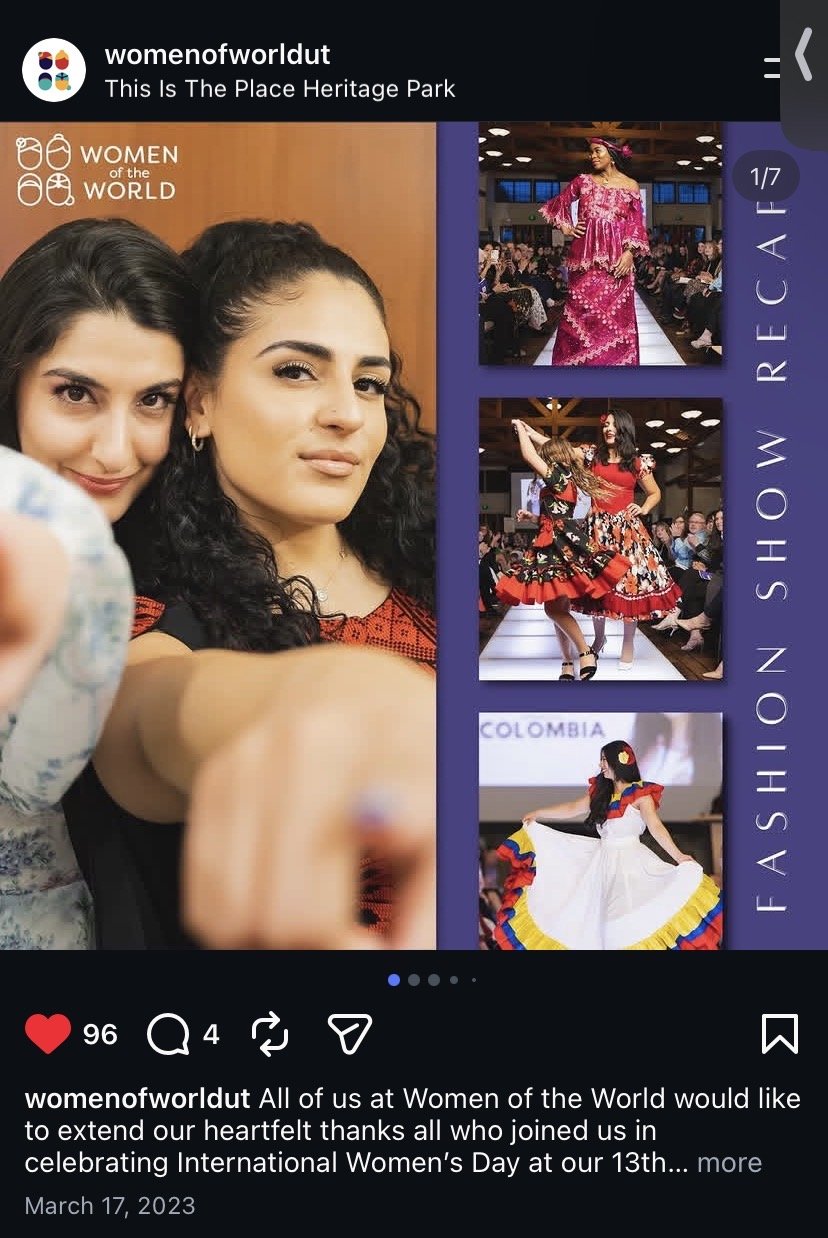 Photo of two women taking a selfie, with three photos of women modeling colorful traditional dresses in a fashion show, and another woman in a white dress with colorful accents.