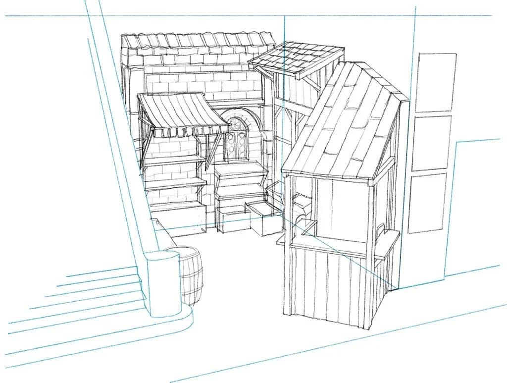 Line drawing of a small architectural room with stairs, a counter, and various structural elements.