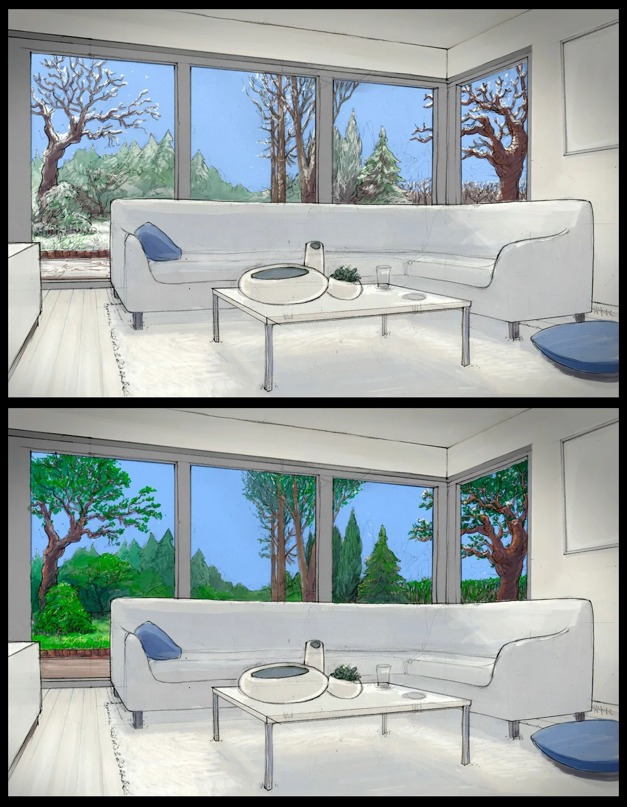 Illustration of a modern living room with large windows showing different outdoor scenes, including trees and a sky, depicted in two styles—one with a watercolor effect and the other with vibrant colors.