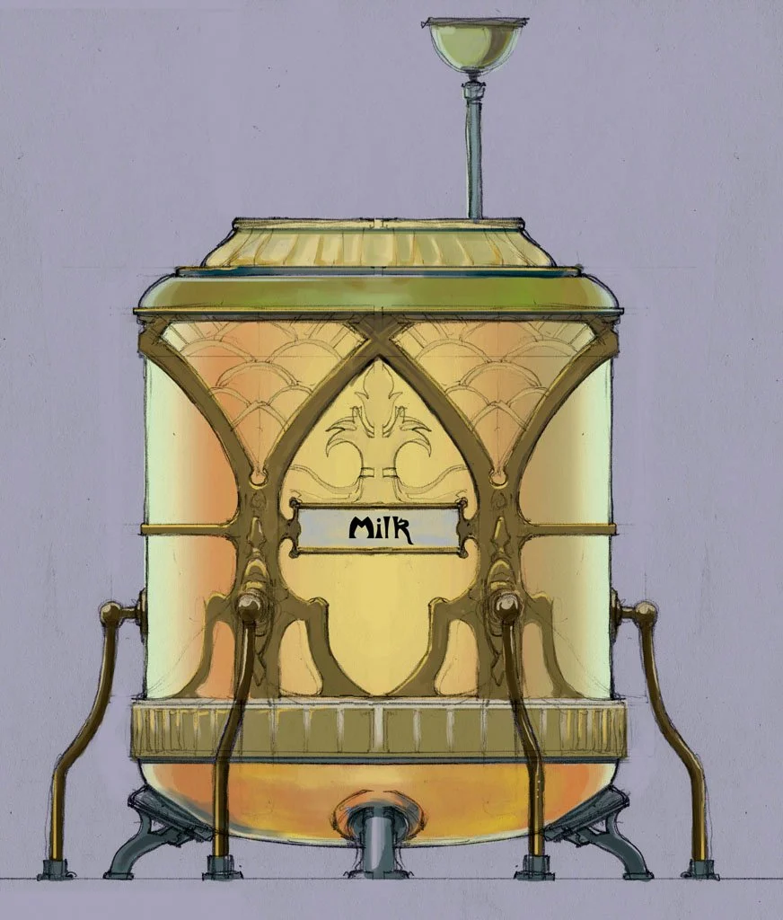 A vintage-style milk dispenser with intricate metalwork and a tap, labeled "Milk," positioned on a flat surface against a plain background.