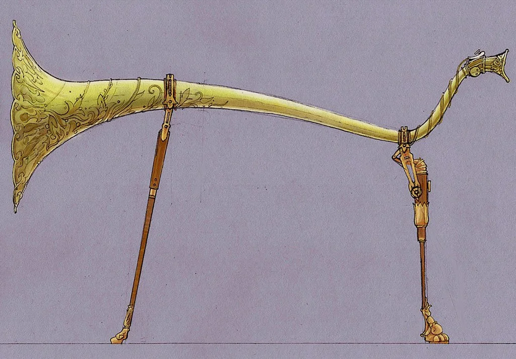 A detailed illustration of a vintage brass hunting horn mounted with mechanical parts, supported by two wooden stands.