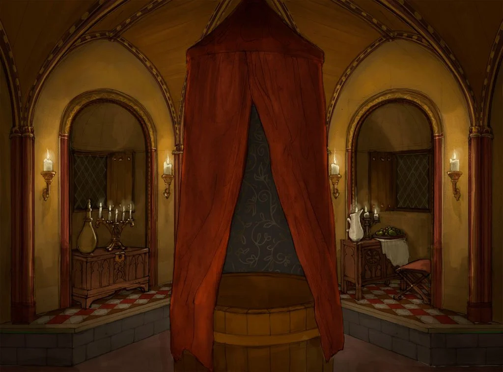 An elegant room with vaulted ceilings featuring central four-poster bed with red curtains, side tables with candles, vases, and decorative items, warm lighting, and checkered wooden floors.