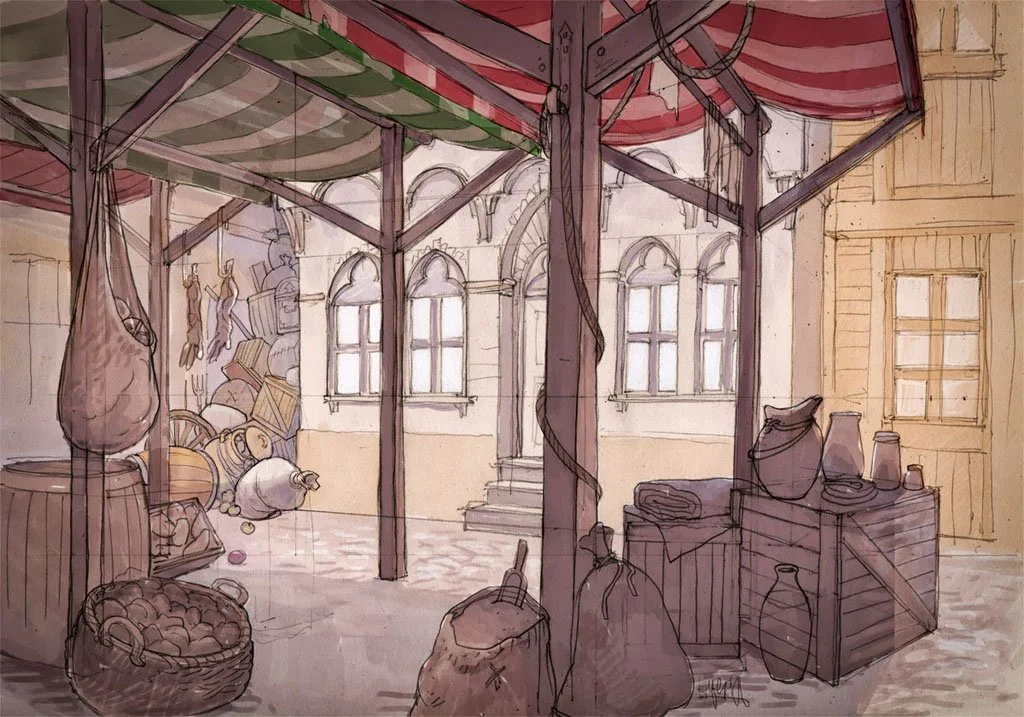 Drawing of a marketplace or courtyard with baskets, jars, and sacks, and a covered area with striped fabric drapes, in front of a building with arched windows.