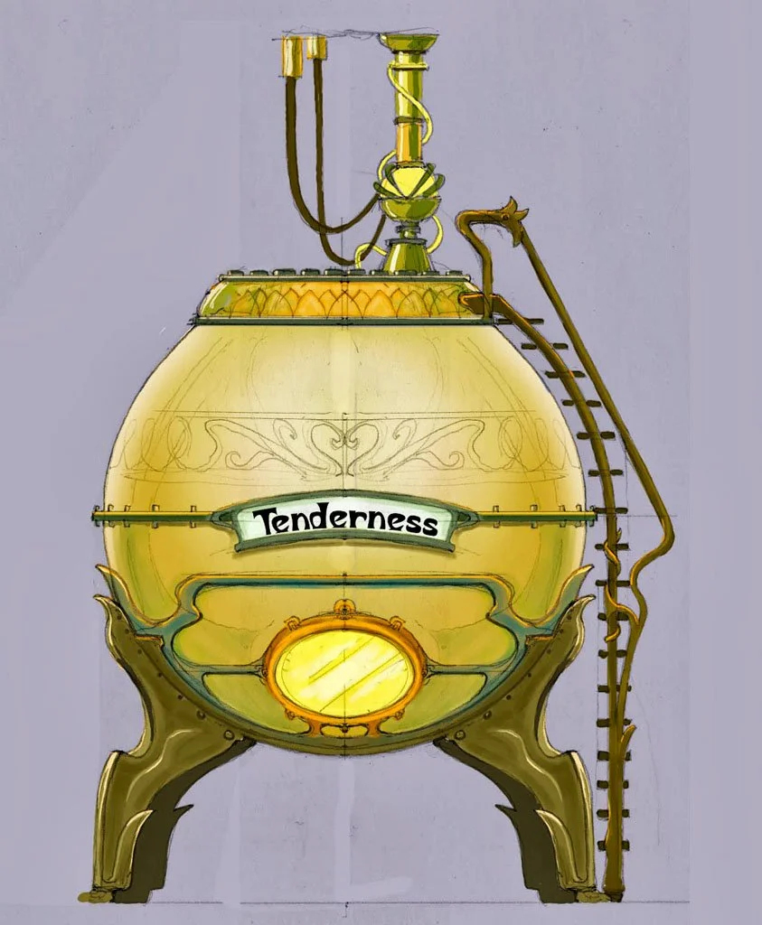 A digital drawing of a vintage lamp with a label that says "Tenderness". The lamp has a round, glass body with ornate gold and green accents, a small circular window at the bottom, and a tall, curved metal arm on the right side.
