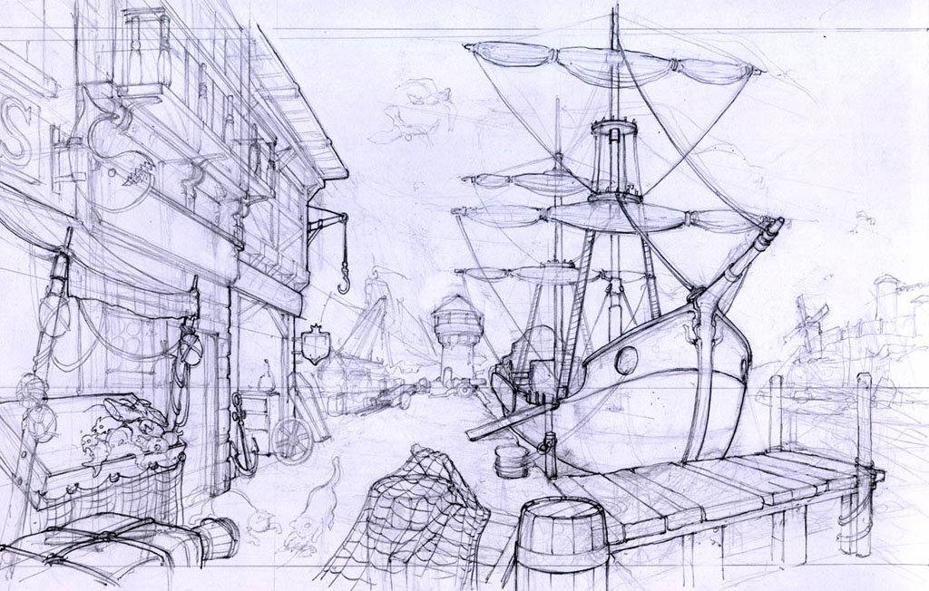 A detailed pencil sketch of a harbor scene featuring a large sailing ship docked at a wooden pier, with a city street lined with buildings, lamps, and various objects in the background.