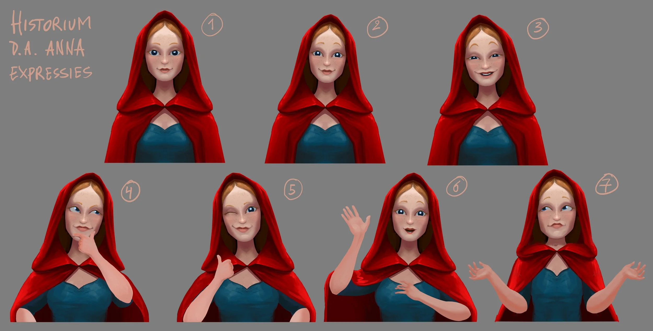 A digital illustration showcasing nine different facial expressions of a cartoon princess with red hair, blue dress, and red cloak, labeled with numbers, on a gray background. Text on the left reads "HISTORIUM D.A. ANNA EXPRESSIES."