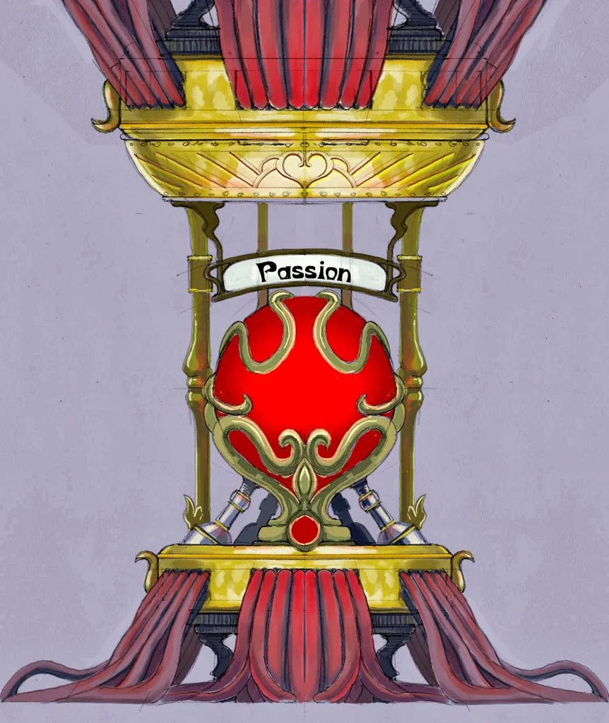 A theatrical stage with red curtains, ornate gold decorations, and a red shield with gold accents in the center; above it, a banner reads "Passion."