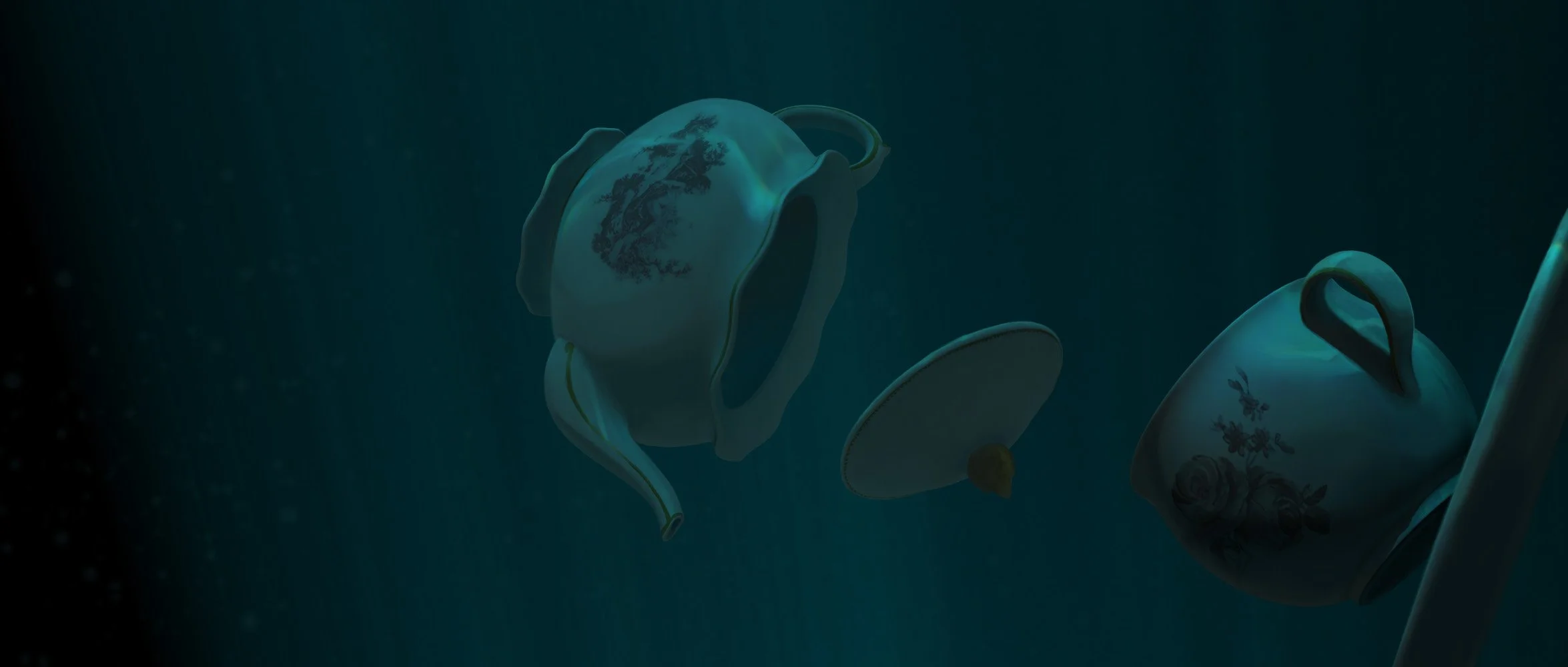 A broken teapot, cup, and saucer floating underwater with dark background.