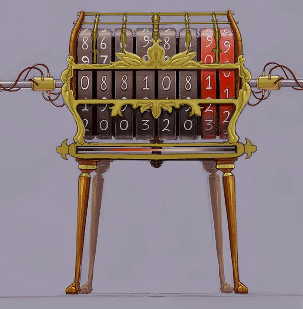 A vintage mechanical counter with a wooden and gold ornate frame, displaying the number 088108. It has colorful numbered cylinders and is connected to wires on both sides.