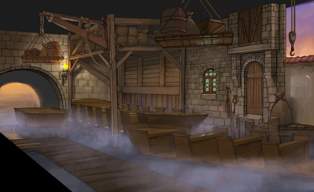 Medieval dock with boats, stone buildings, and a tunnel, with fog and sunset sky.
