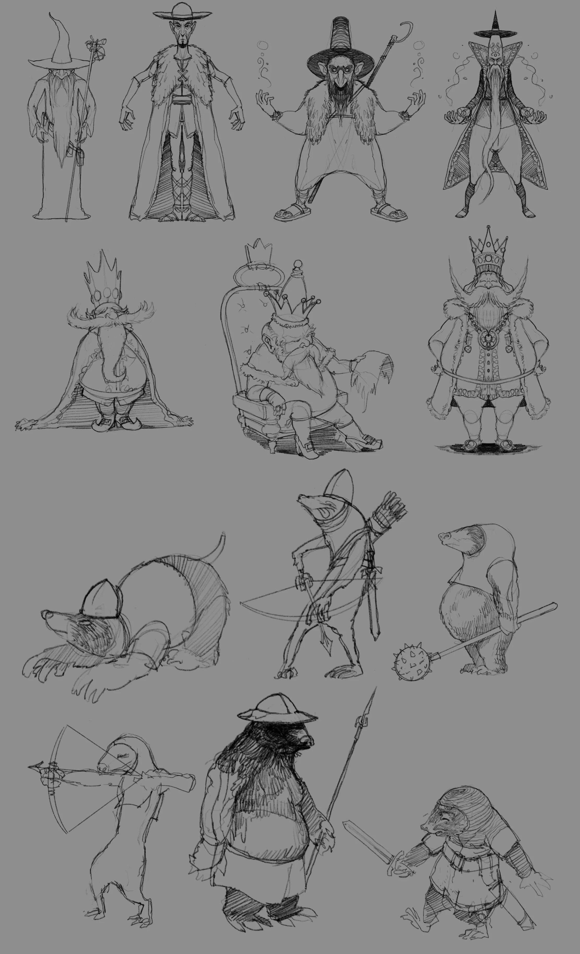 A collection of fantasy character concept sketches, including wizards, kings, animals, and mythical creatures, drawn in black and white line art.