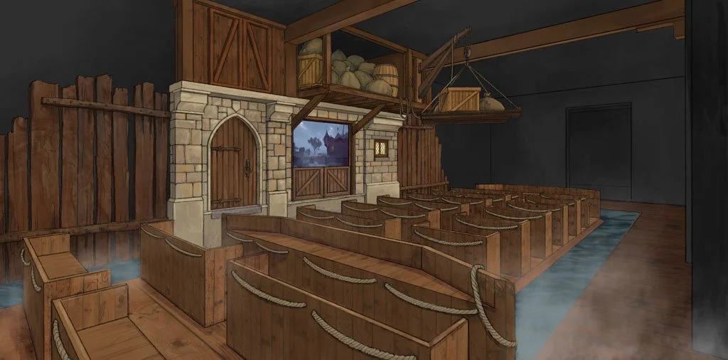 Animated medieval-style gathering hall with wooden benches, a water feature, and a stone arch doorway in the center, surrounded by wooden walls and barrels.