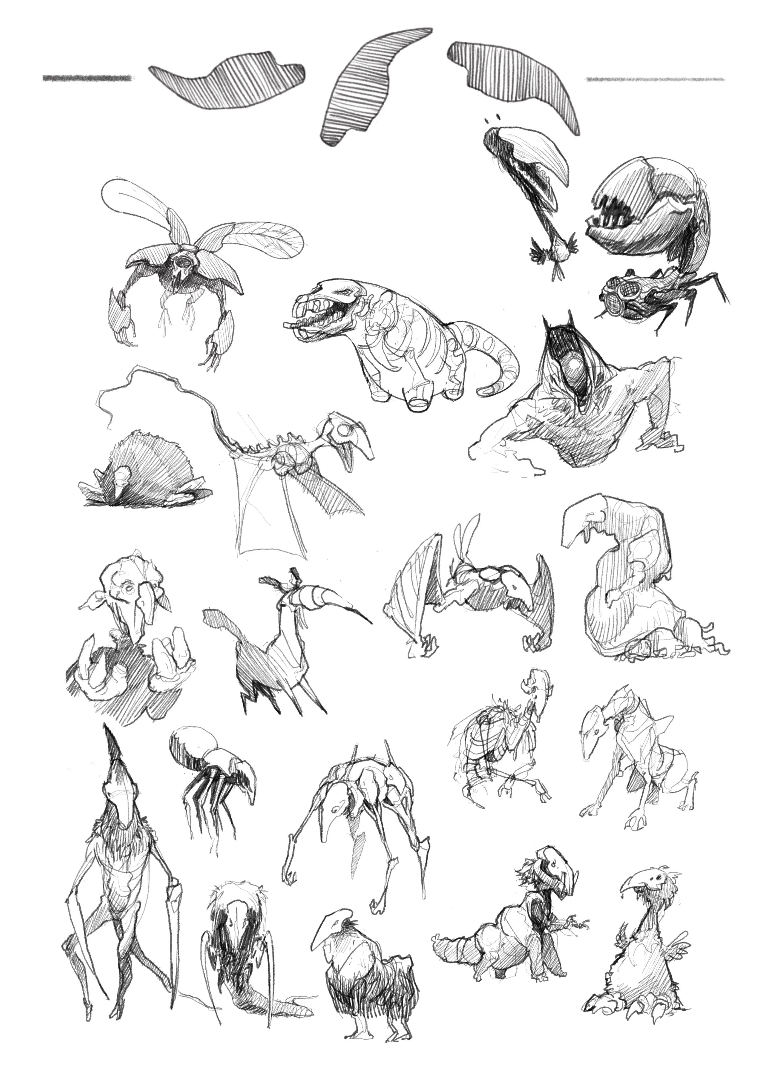 Collection of black and white creature sketches, including dinosaurs, birds, mammals, and insects, with some figures in dynamic poses.