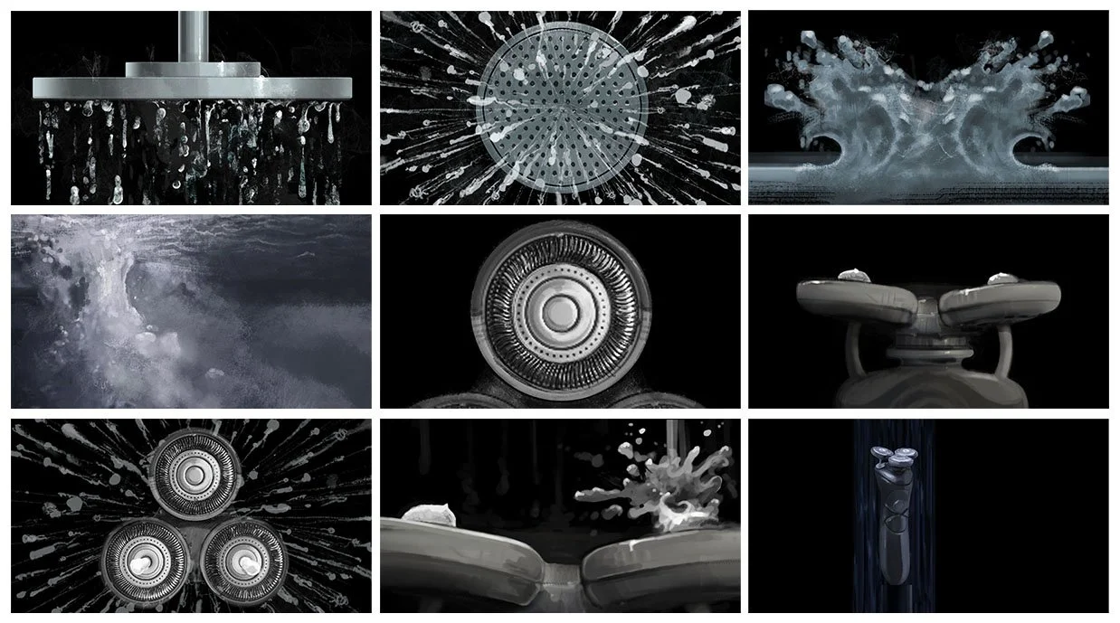 Collage of various shower water flows and spray patterns from different shower heads and nozzles