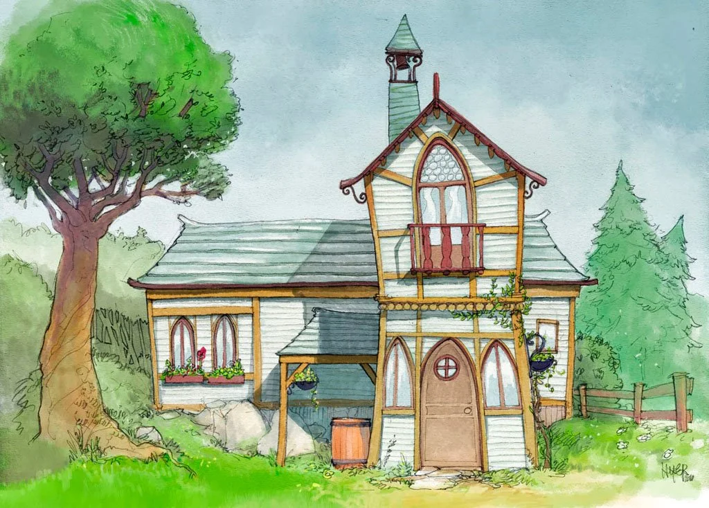 A whimsical watercolor illustration of a cozy two-story house with a gabled roof, arched windows, and a small balcony, surrounded by lush green trees and grass.