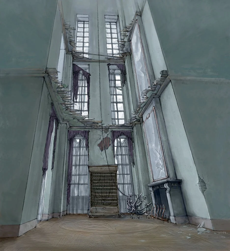 An illustration of an old, abandoned room with tall windows, peeling walls, and damaged furniture, giving a haunted or neglected atmosphere.