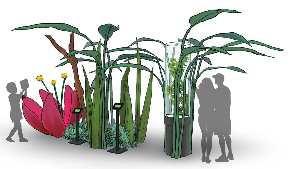 Illustration of a plant exhibit with large plants, flowers, and visitors observing, including silhouettes of a child and two adults.