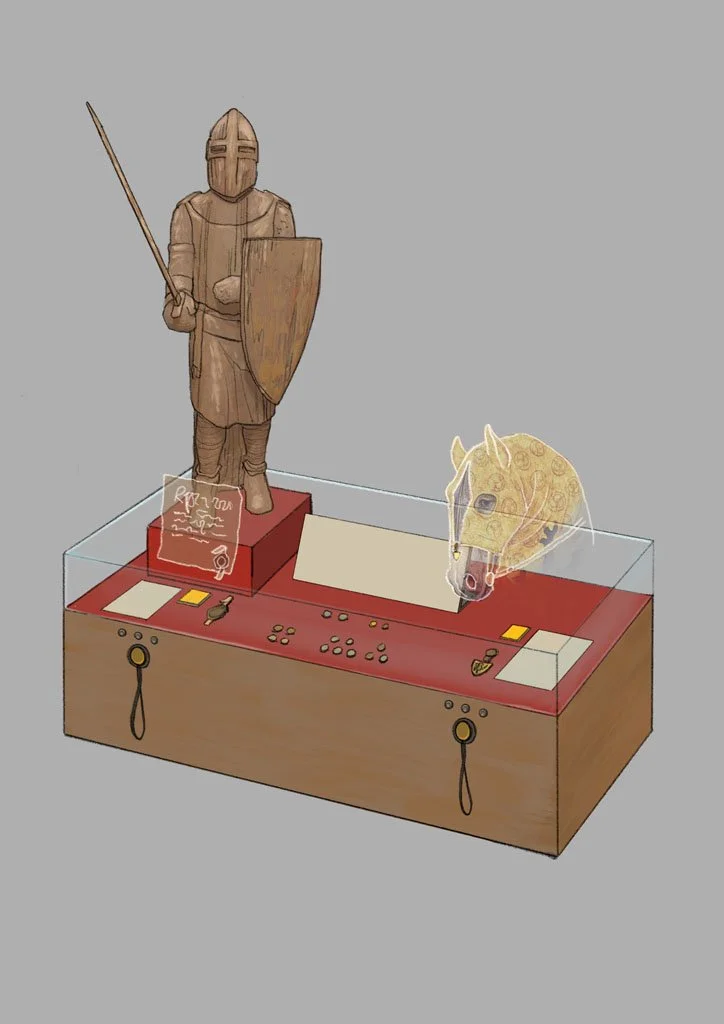 Display case with a medieval knight statue holding a spear and shield, and a transparent horse head model, with museum labels and artifacts inside.