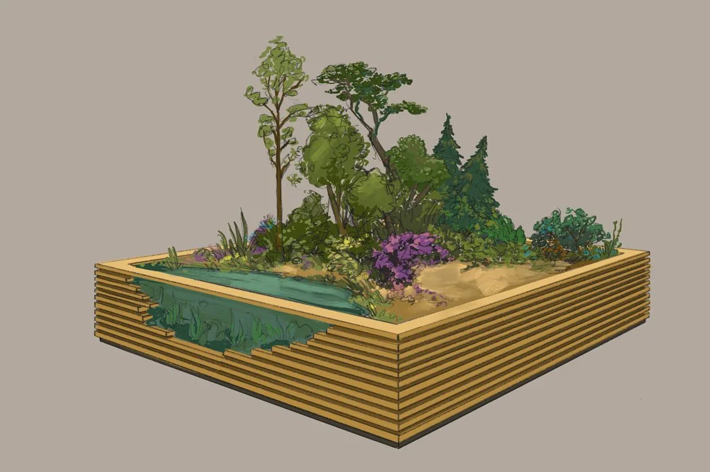 A modern raised garden bed with a miniature landscape, including various trees, shrubs, and a small water feature.