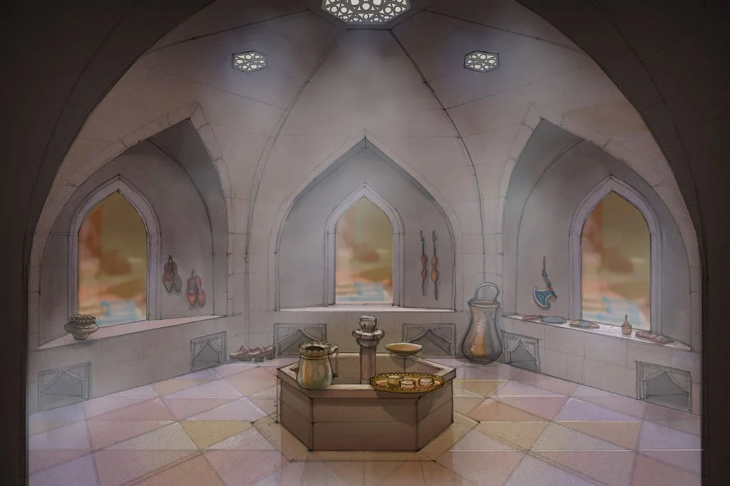 An illustrated indoor scene with large arched windows showing a cloudy sky. The room has a domed ceiling and a central hexagonal table with a pitcher, a bowl, and other objects. There are various kitchen or dining items, including hanging utensils an