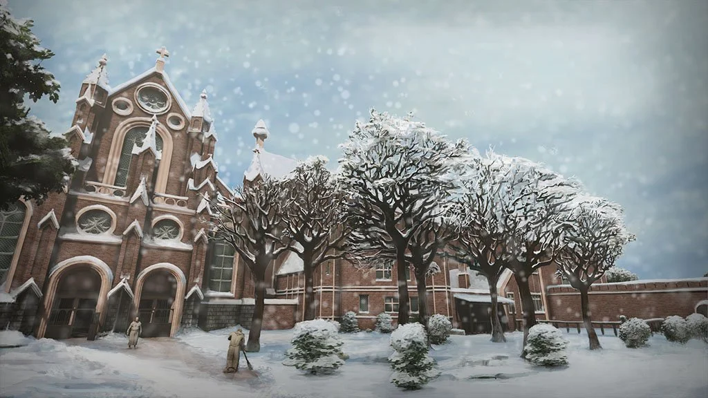 A snow-covered church with gothic architectural features, surrounded by snow-laden trees and shrubs, under a cloudy sky with snowfall.